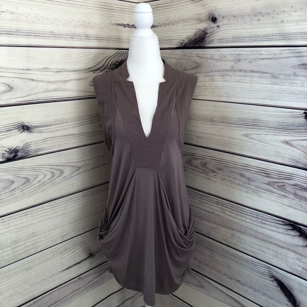 Mystree Taupe Deep V Neck Surplus Pocket Tunic Tank Top